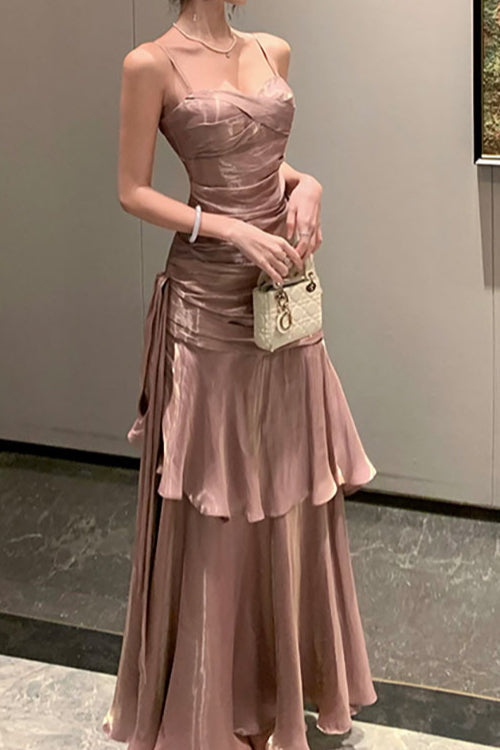 Sweetheart Spaghetti Strap Ruched Knot Detail Tiered Mermaid Maxi Gown