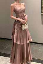 Sweetheart Spaghetti Strap Ruched Knot Detail Tiered Mermaid Maxi Gown