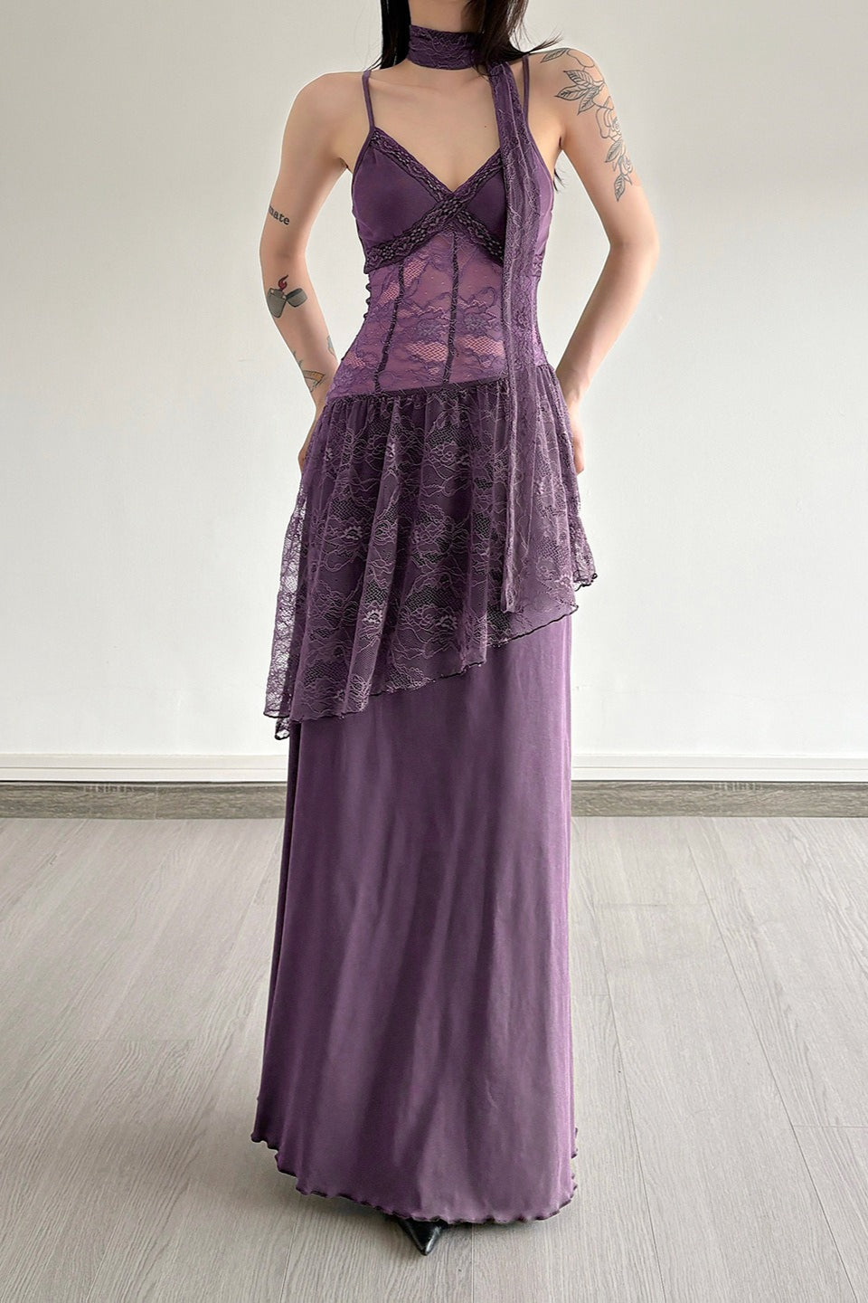 Lace Panel Spaghetti Strap Waist Tie Asymmetric Overlay Maxi Dress