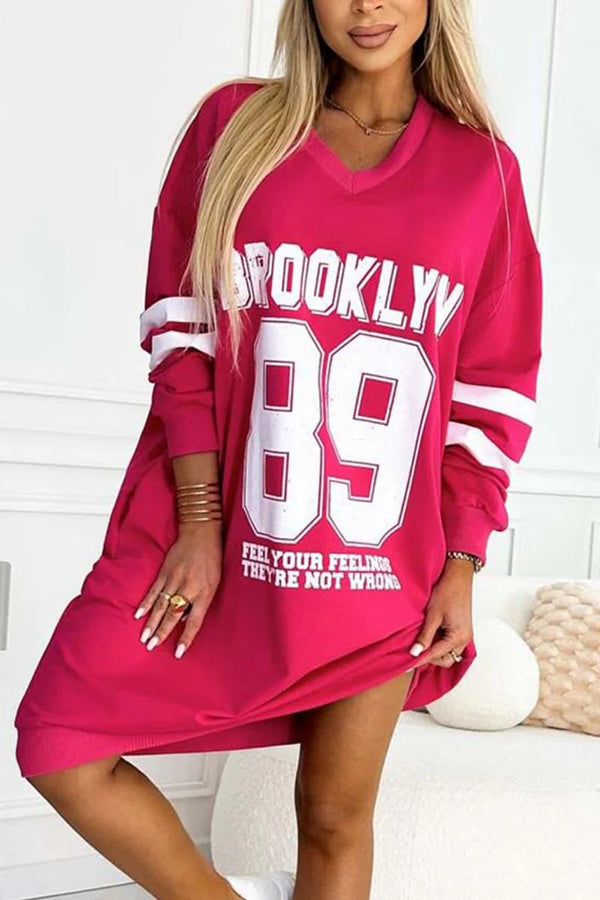 Brooklyn 89 Graphic Stripe Sleeve Oversized Sweatshirt Mini Dress