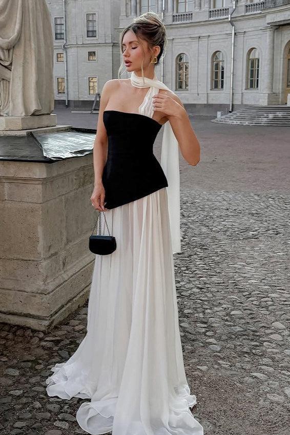 Strapless Asymmetrical Bodice Sheer Tiered Maxi Gown With Neck Sash