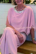 Stylish Sequin Patchwork Dolman Sleeve Top and Elastic Waist Wide Leg Pants Set
