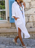 Long Sleeve Shirt Collar Patch Pocket Side Slit Maxi Dress