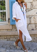Long Sleeve Shirt Collar Patch Pocket Side Slit Maxi Dress