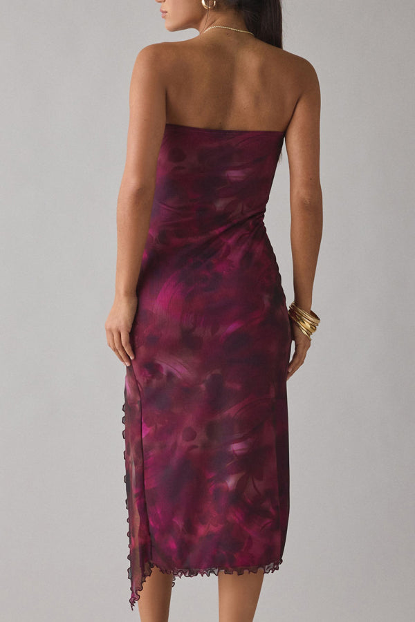 Mesh Tie-dye Slit Strapless Maxi Dress