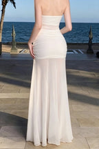 Strapless Ruched Sheer Mesh Floral Rosette Applique Maxi Dress