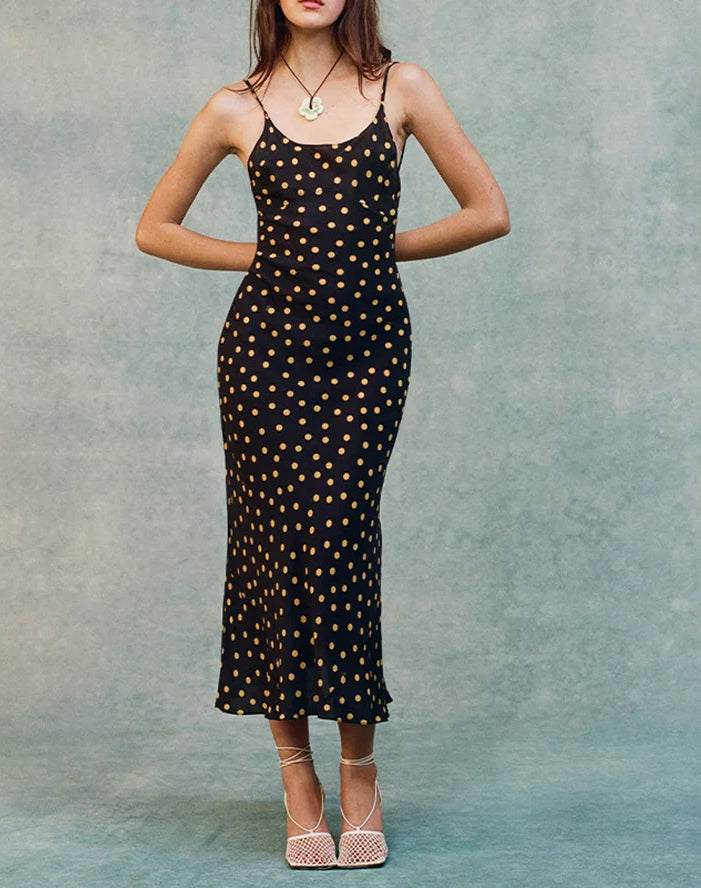 Polka Dot Print Spaghetti Strap Scoop Neck Slip Midi Dress