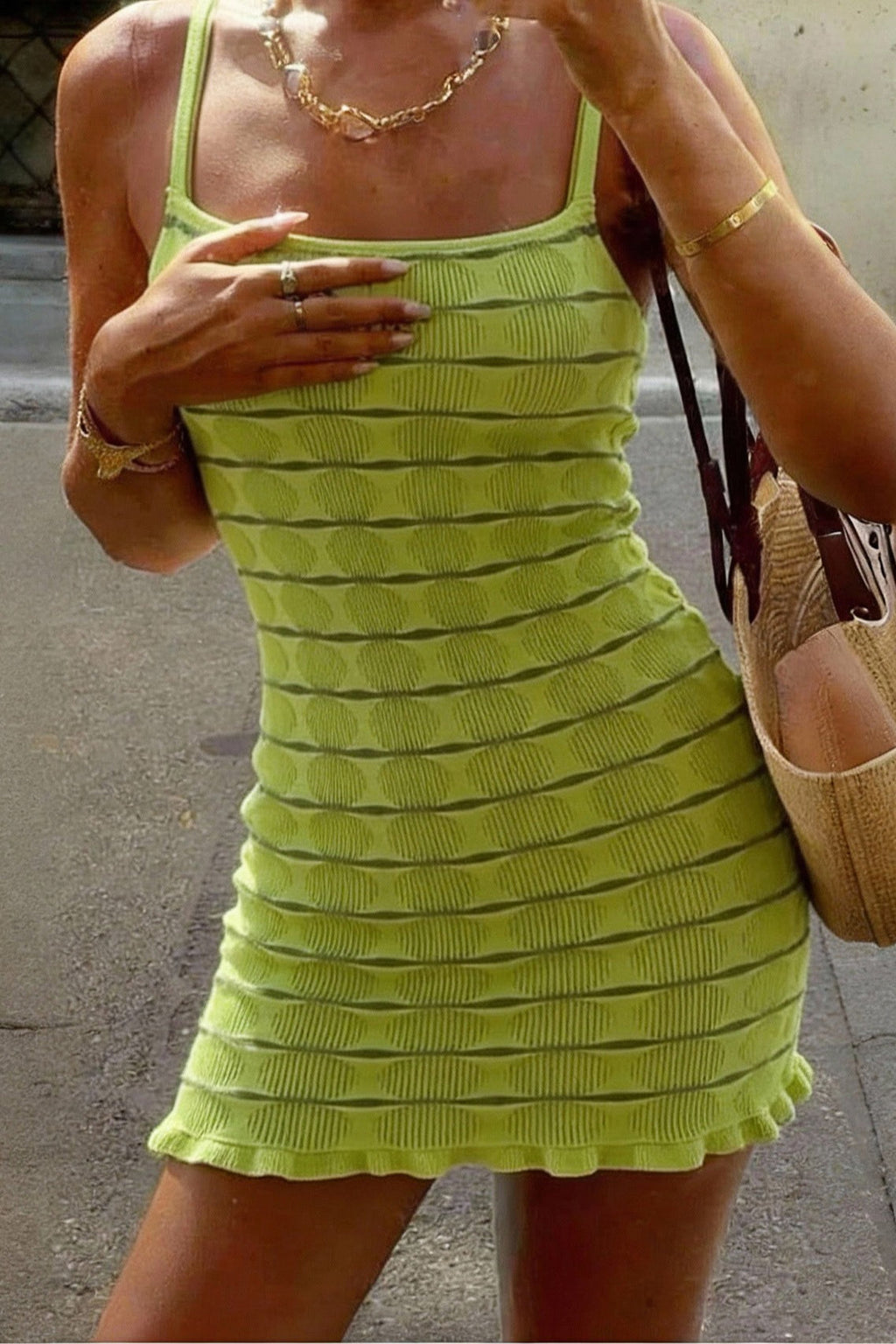 Green Spaghetti Strap Square Neck Circular Textured Knit Ruffle Hem Mini Dress