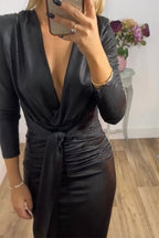 Metallic Ruched Knot Front Deep V-Neck Three Quarter Sleeve Midi Dress