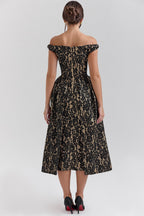 Off Shoulder Floral Lace Overlap Panel Fit and Flare Midi Dress