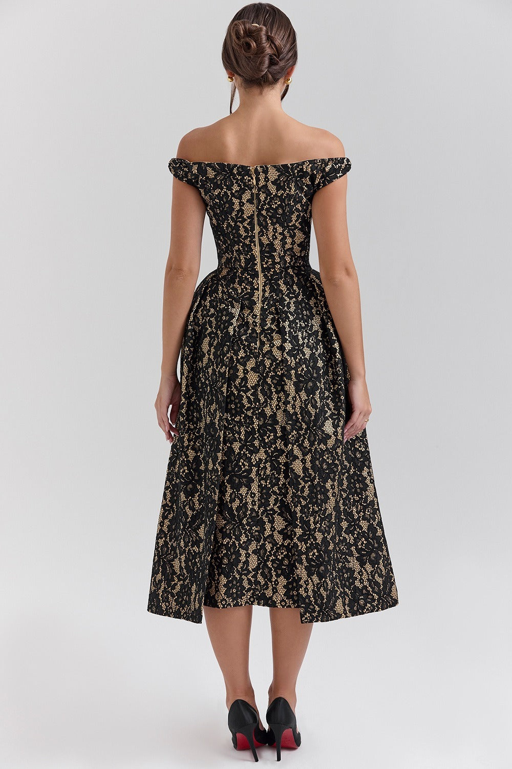 Off Shoulder Floral Lace Overlap Panel Fit and Flare Midi Dress
