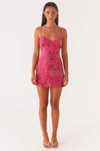 Floral Embroidered Beaded Mesh Spaghetti Strap Sweetheart Bodycon Mini Dress