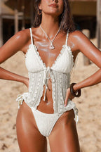 Solid Color Lace Backless Tie Two-piece Stretch Bikini Swimsuit