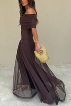 In My Arms Mesh Ruched Strapless Paneled Drape Flare Maxi Dress