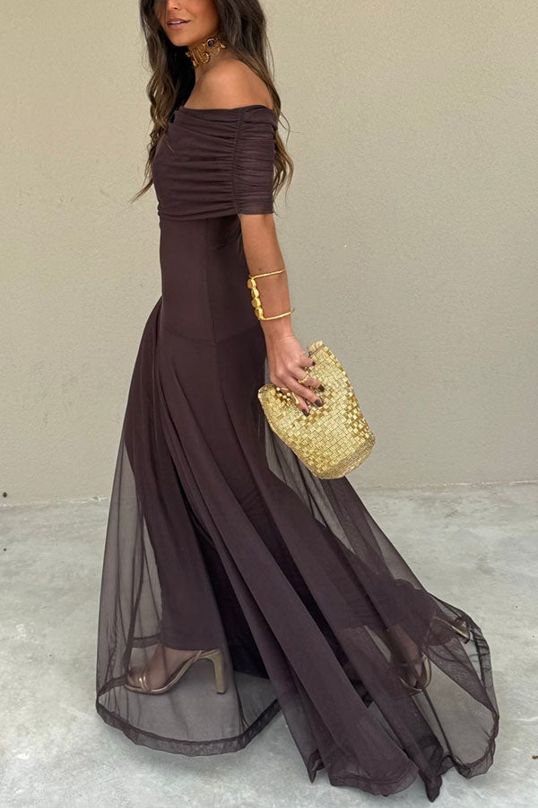 In My Arms Mesh Ruched Strapless Paneled Drape Flare Maxi Dress