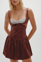 Polka Dot Lace Trim Scoop Neck Drop Waist Fit and Flare Mini Dress