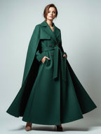 Maxi Double-breasted Woolen Coat With Detachable Cape And Belt For Women 2026