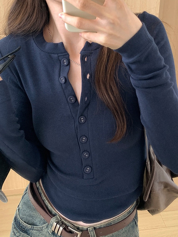 Solid Breasted Slim Long Sleeve Knit