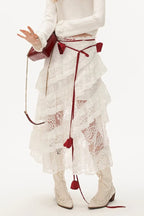 Hot Girl Lace Tiered Mesh Stylish Slim Midi Skirt