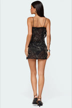 Lettuce Edge Neck Beaded Floral Sequin Side Slit Bodycon Mini Dress