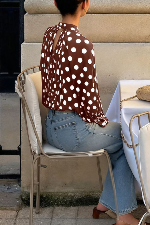 Polka Dot Print Tie-waist Lantern Sleeve Elegant Loose Shirt