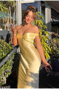 Off Shoulder Ruched Sweetheart Draped Strap Midi Slip Dress