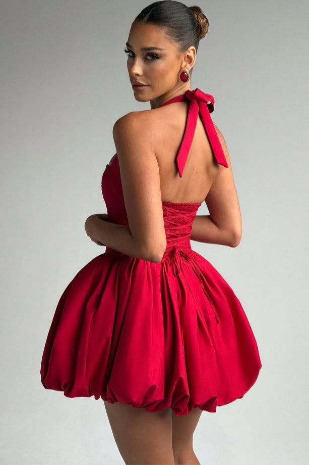 Halter Tie Bow Puffy Tulle Hem Mini Dress