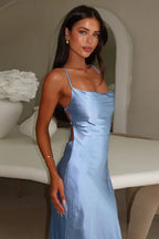 Satin Cowl Neck Spaghetti Strap Bias Cut Slip Midi Dress
