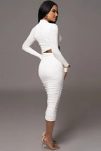 Mock Neck Long Sleeve Side Cutout Ruched Bodycon Midi Dress