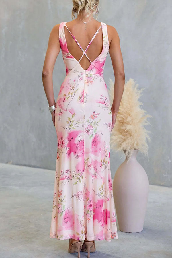 Floral Dreamy Draped Neck Mesh Wrap Dress