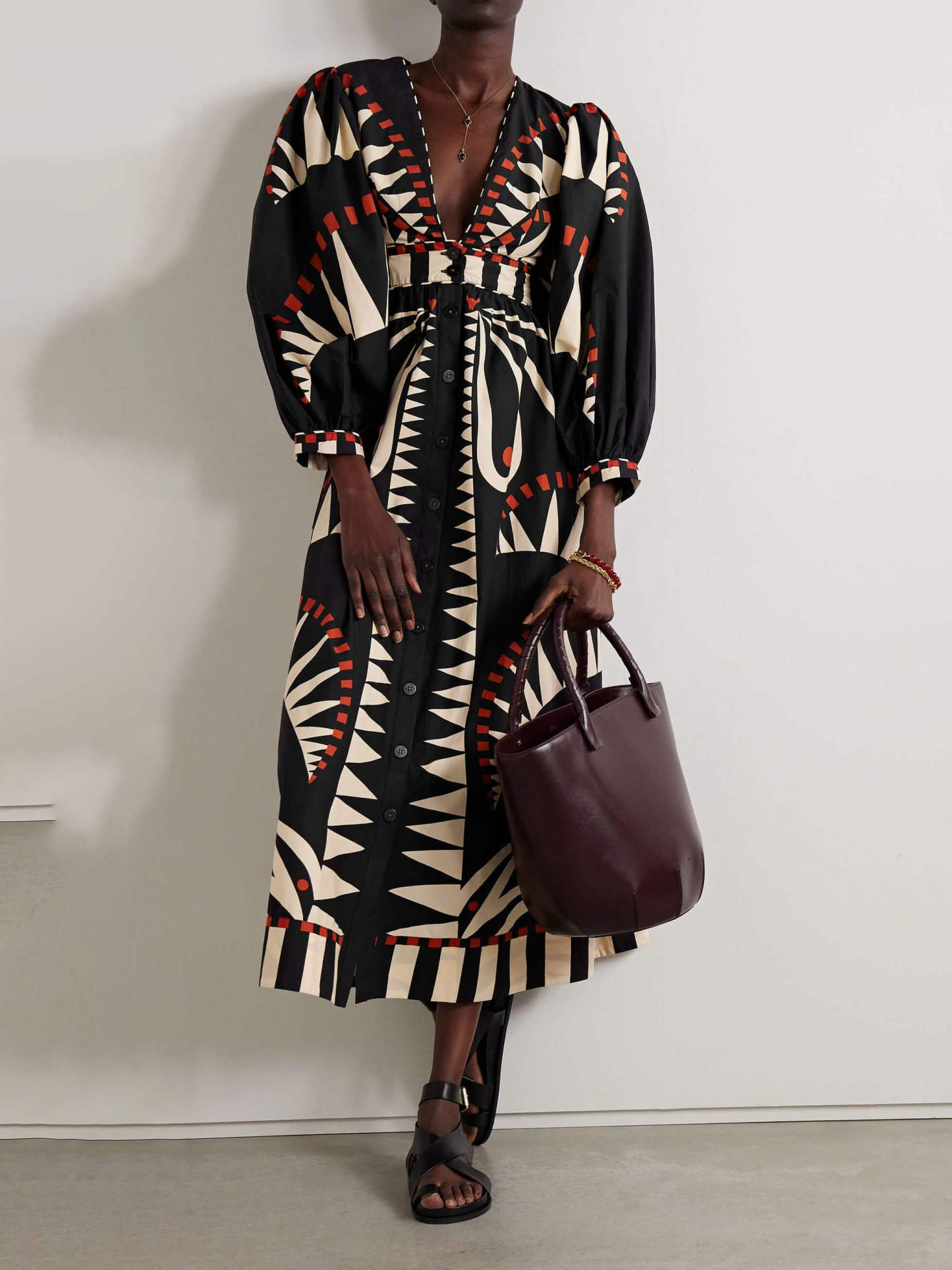 Abstract Geometric Print Puff Sleeve Button Front Midi Dress