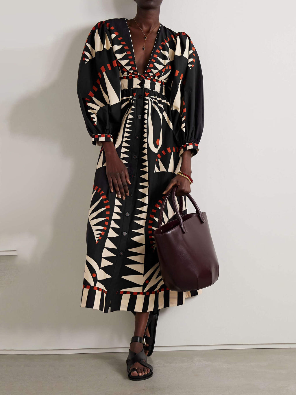Abstract Geometric Print Puff Sleeve Button Front Midi Dress