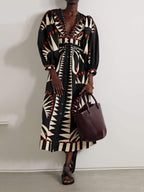 Abstract Geometric Print Puff Sleeve Button Front Midi Dress