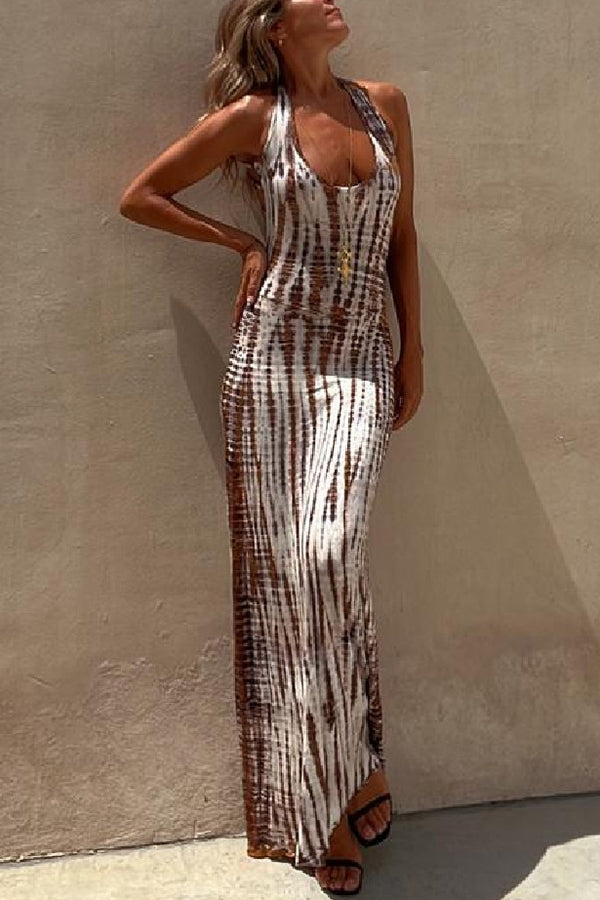 Tie Dye Print Halter Strappy Back Bodycon Maxi Dress