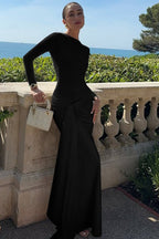 Long Sleeve High Neck Front Knot Ruched Bodycon Maxi Dress