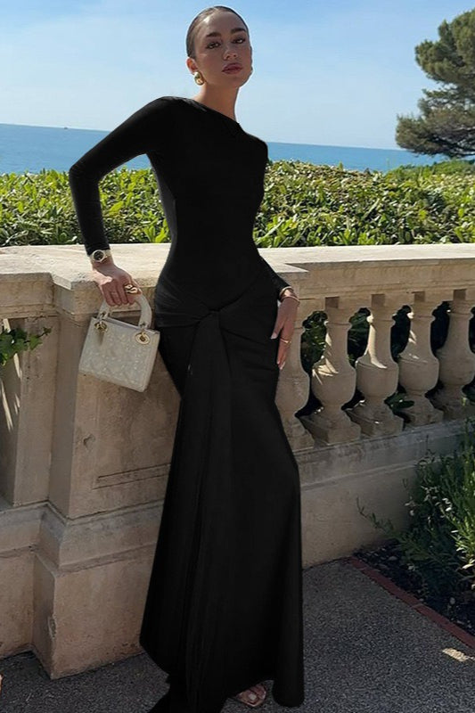 Long Sleeve High Neck Front Knot Ruched Bodycon Maxi Dress