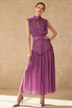Sleeveless Mock Neck Pleated Waistband Chiffon Maxi Dress