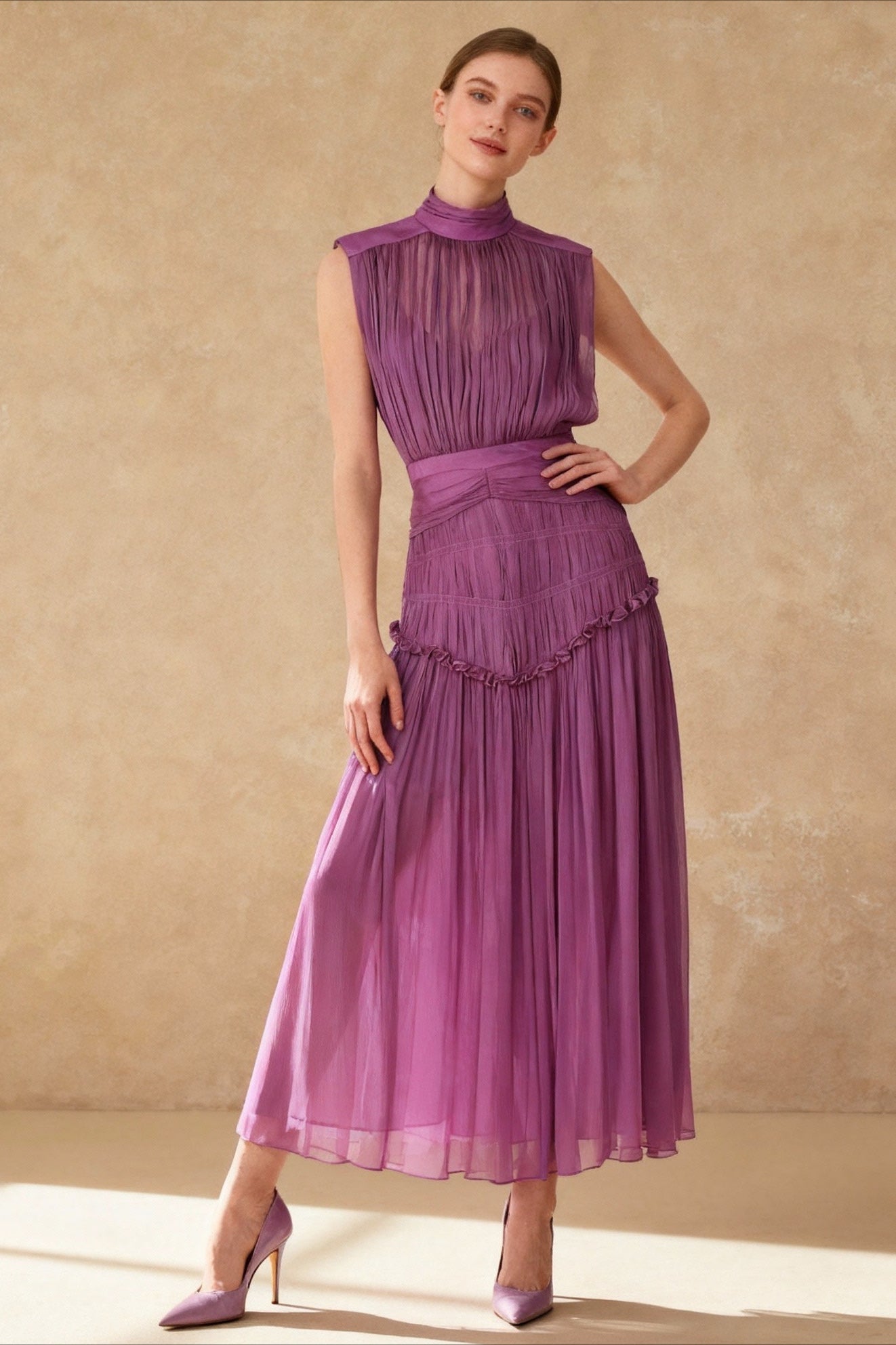 Sleeveless Mock Neck Pleated Waistband Chiffon Maxi Dress