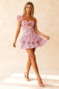 One Shoulder Ruffle Flounce Sleeve Sweetheart Knot Cutout Tiered Floral Mini Dress