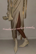 Solid Color Glossy V-neck Long Sleeve Casual Slit Maxi Dress