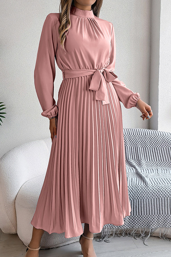 Mock Neck Lantern Sleeve Belted Pleated A-Line Midi Dress