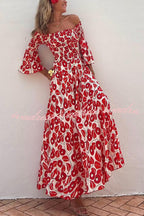 Close To The Vacation Floral Print Smocked Off Shoulder Pocketed Maxi Dress