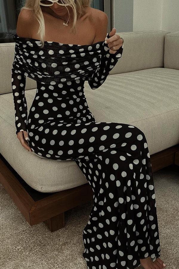 | Off-the-shoulder ruched stretch maxi dress in polka dot print