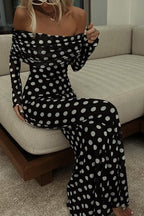 | Off-the-shoulder ruched stretch maxi dress in polka dot print