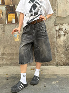 Vintage Washed Lightning Bolt Pattern Denim Shorts