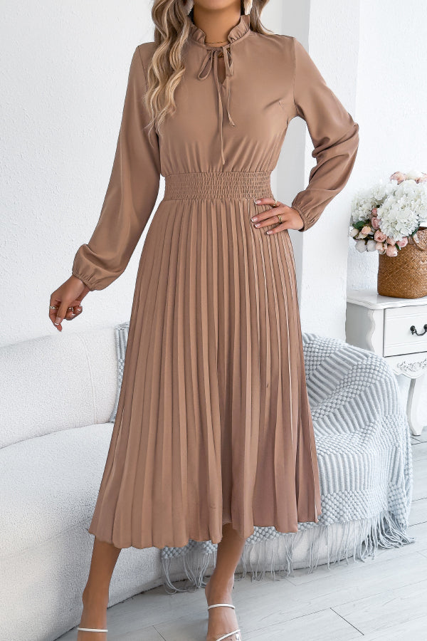 Solid Color Long-sleeved Fitted Waist Pleated Elegant Midi Dress