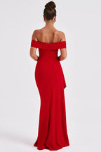 Off Shoulder Ruched Bodycon High Split Maxi Dress