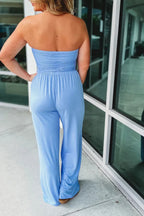 Solid Color Sleeveless Off-shoulder Pleated Loose Pocket Casual Wide-leg Jumpsuit
