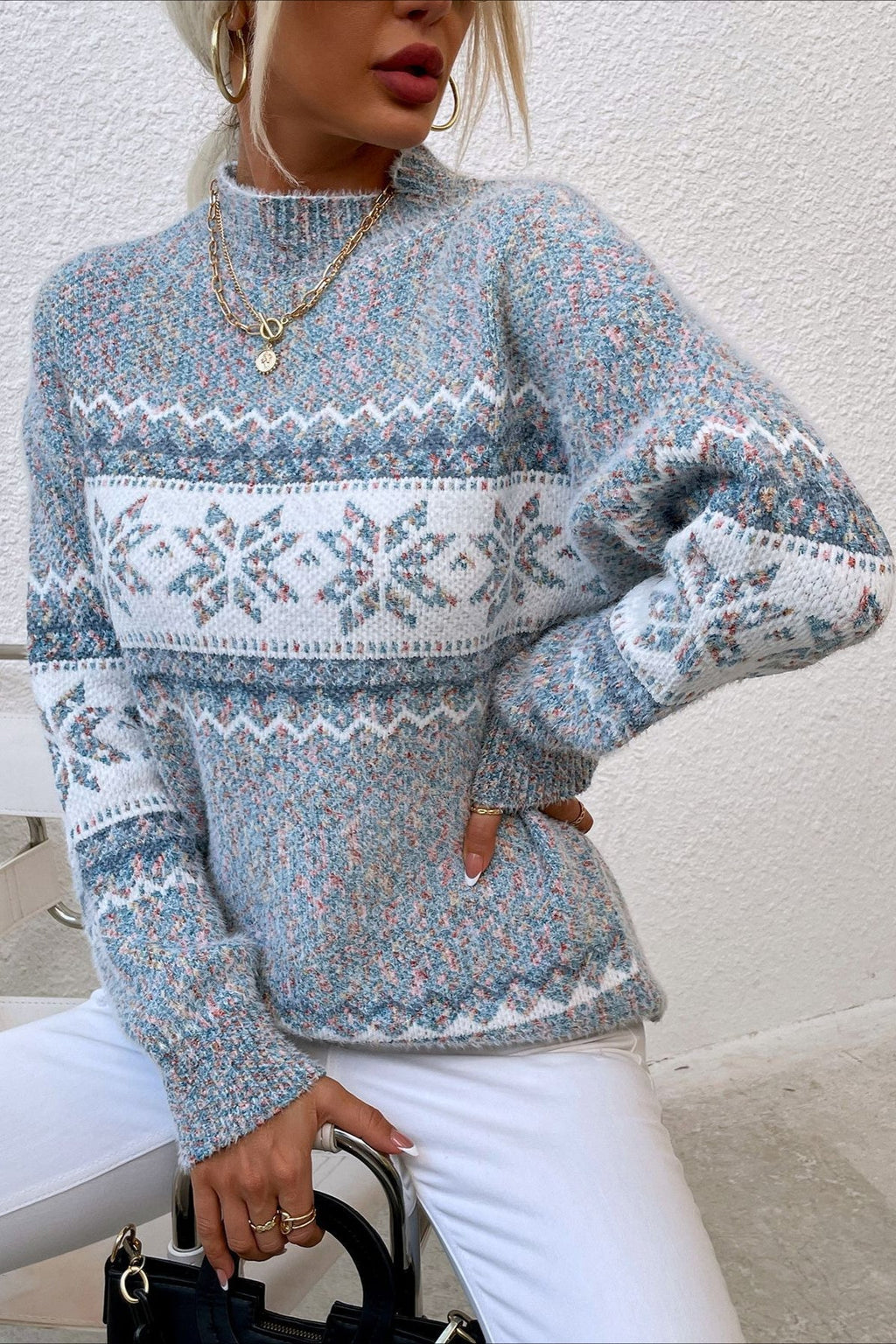 Knit Half-High Neck Snowflake Pullover Sweater