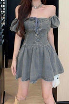 Denim Lace Up Corset Square Neck Puff Sleeve Fit and Flare Mini Dress